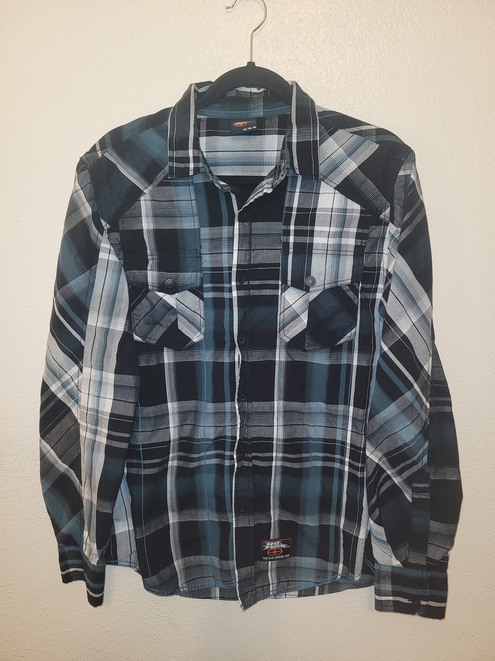 No Fear Mens M Plaid Button Up Shirt Y2K Skate Grunge Blue Black Embroidered